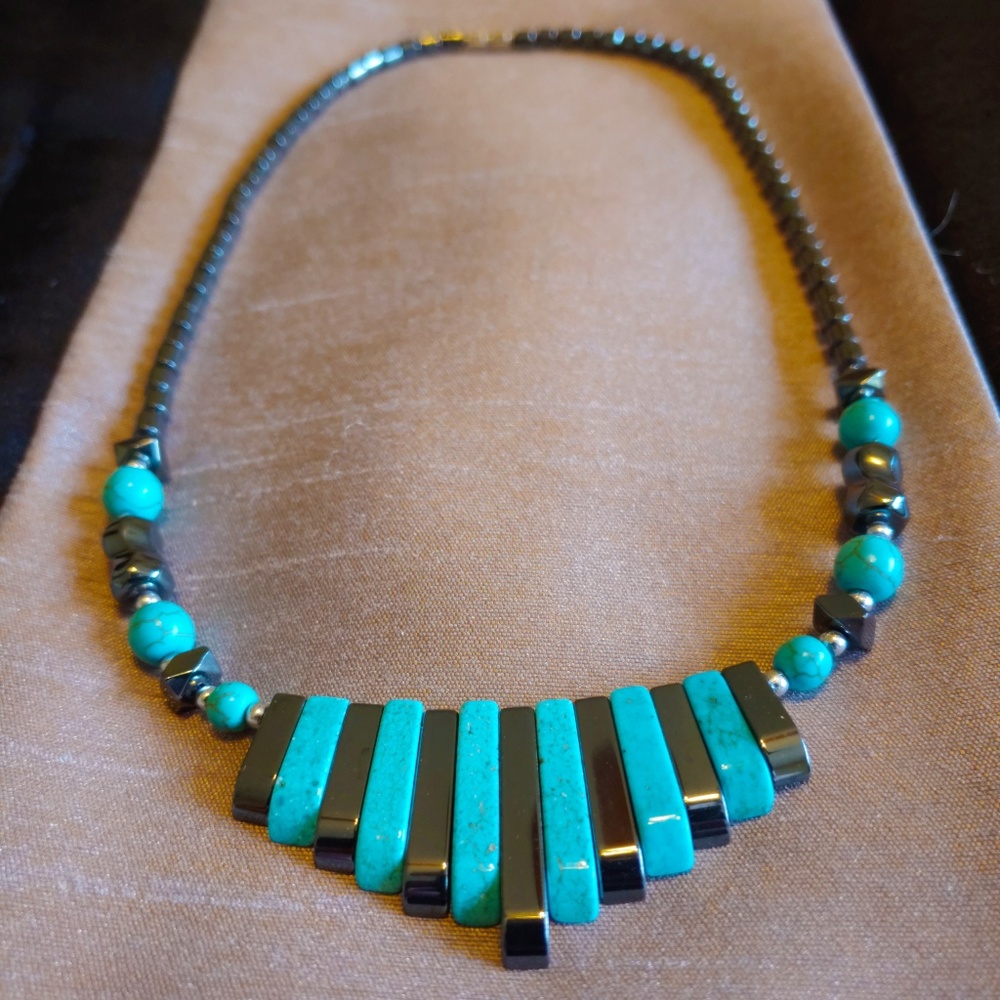 Multi Shape Turquoise/Gray Stone Bead Necklace